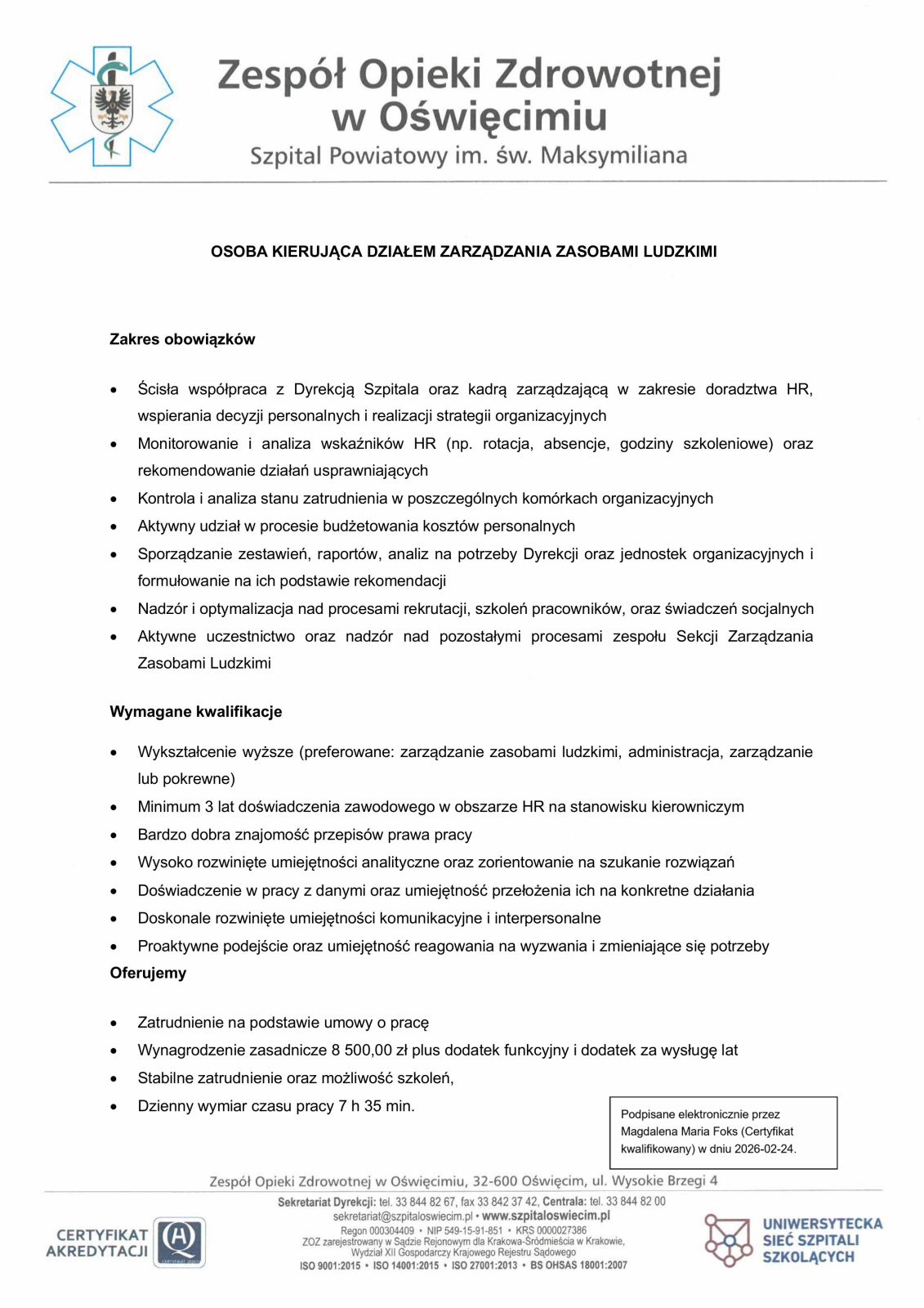 Oferta pracy - Osoba Kierująca Działem Zarządzania Zasobami Ludzkimi - niedostępna cyfrowo