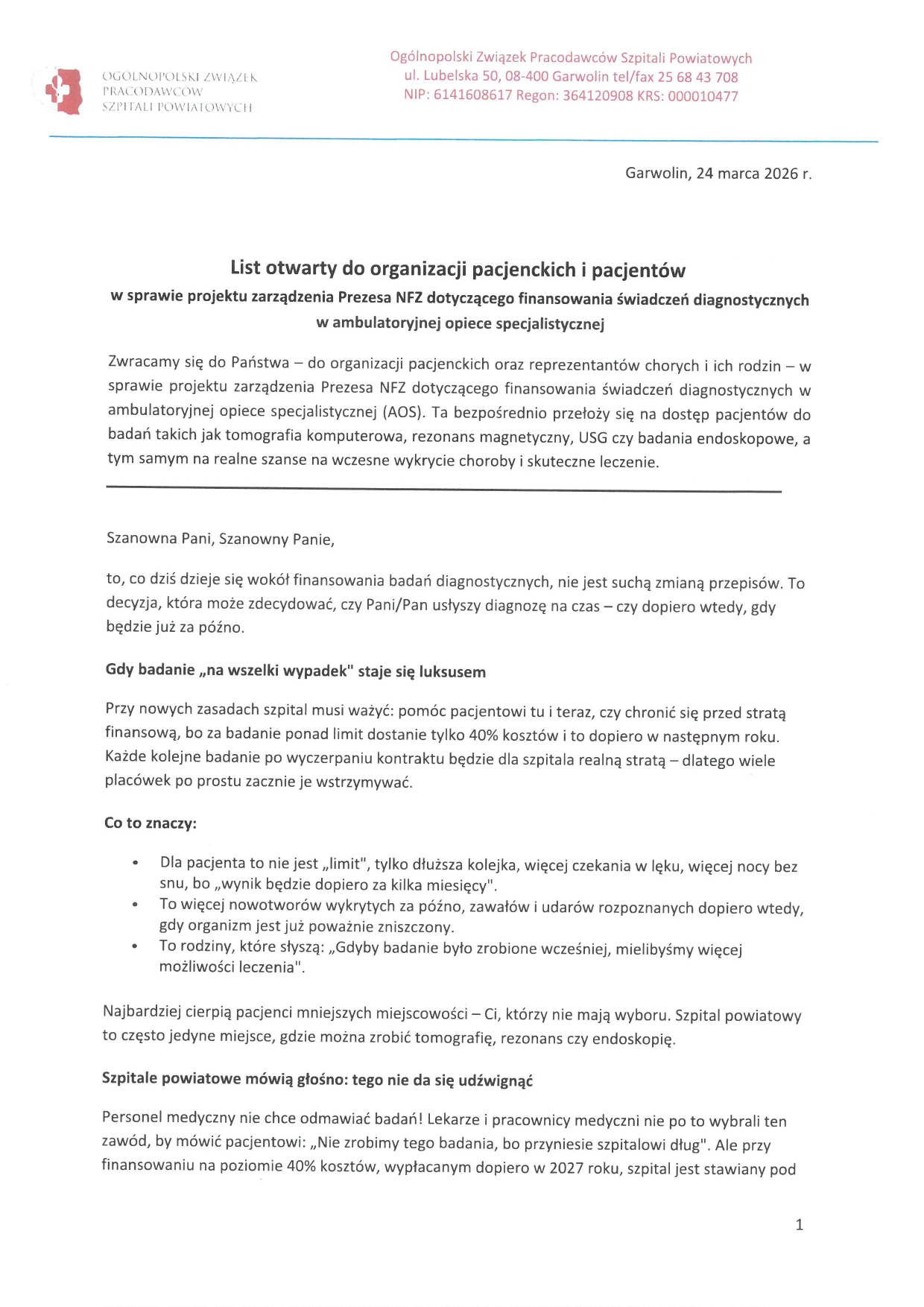 List otwarty Ogólnopolskiego Związku Pracodawców Szpitali Powiatowych strona 1 - niedostępny cyfrowo