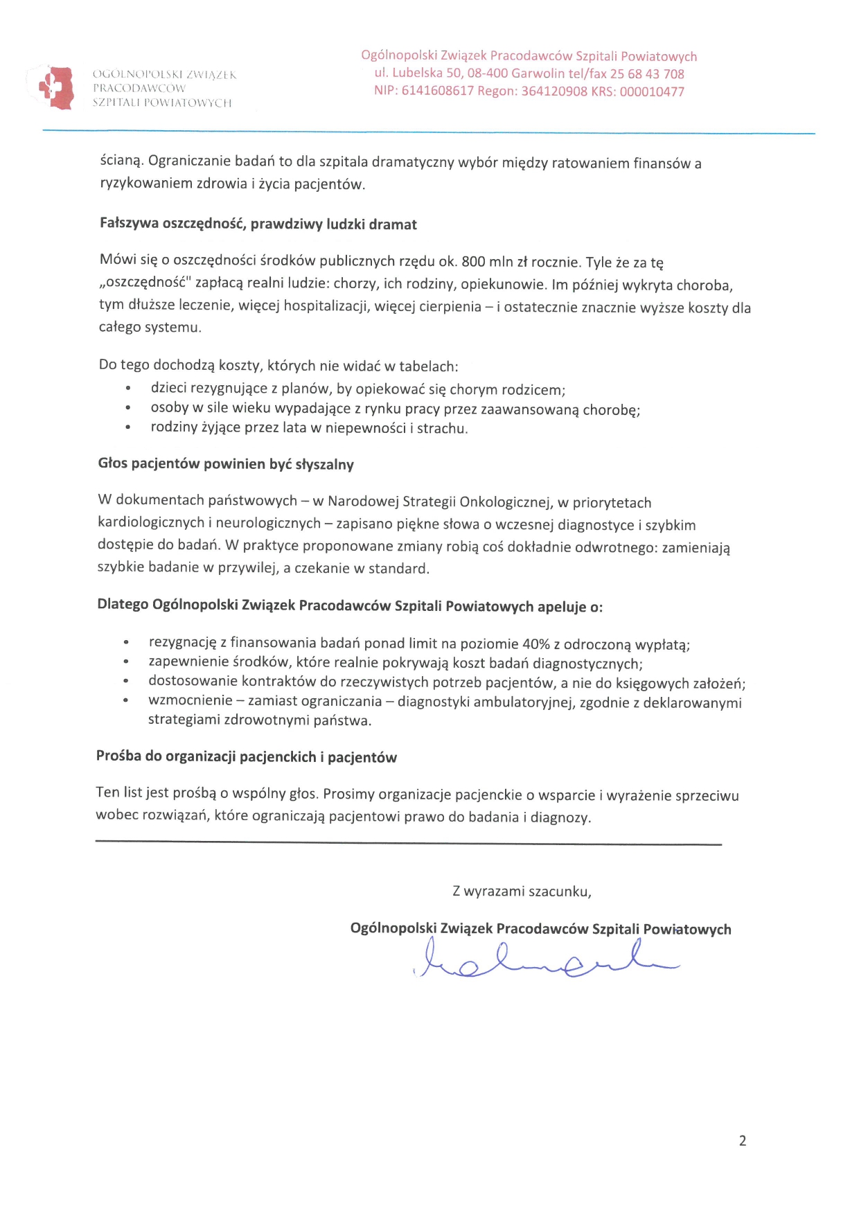 List otwarty Ogólnopolskiego Związku Pracodawców Szpitali Powiatowych strona 2 - niedostępny cyfrowo