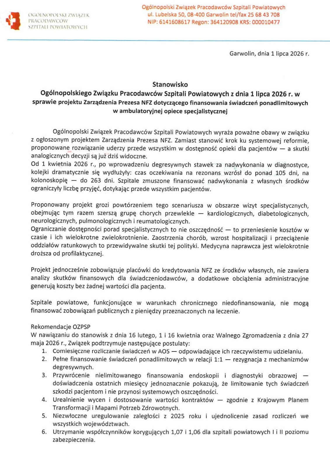 Stanowisko związku szpitali powiatowych