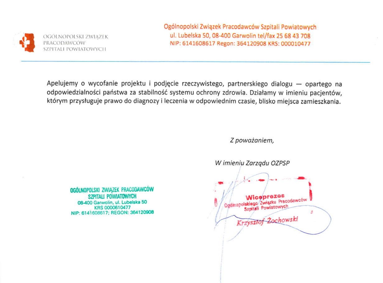 Stanowisko związku szpitali powiatowych 2