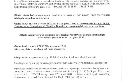 Konkurs na udzielenie zamówienia na świadczenia zdrowotne - specjalistyczne konsultacje lekarskie pacjentów oddziałów szpitalnych w zakresie laryngologii.