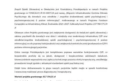 Wsparcie infrastrukturalne Centrów Zdrowia Psychicznego dla dorosłych oraz ośrodków / zespołów środowiskowej opieki psychologicznej i psychoterapeutycznej (I poziom referencyjny)”